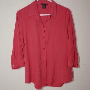 Sillk land 100% Silk 3/4 Sleeves Collared Blouse Size L Coral Red